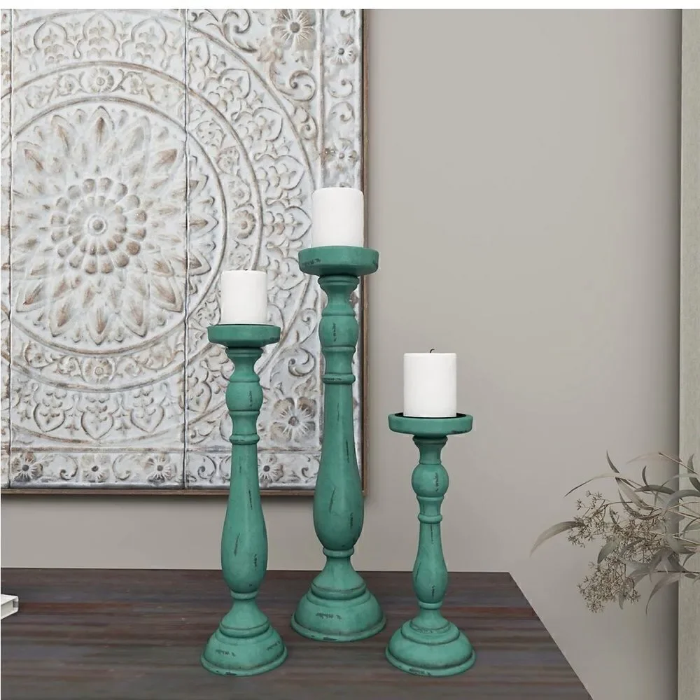 Pier 1 Imports Traditional Turquoise Wood Set of 3 Candle Holders